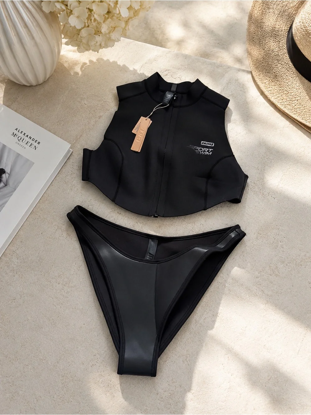 SKIMS Black Zip-Front Crop Swim Vest with High-Cut Bikini Bottoms